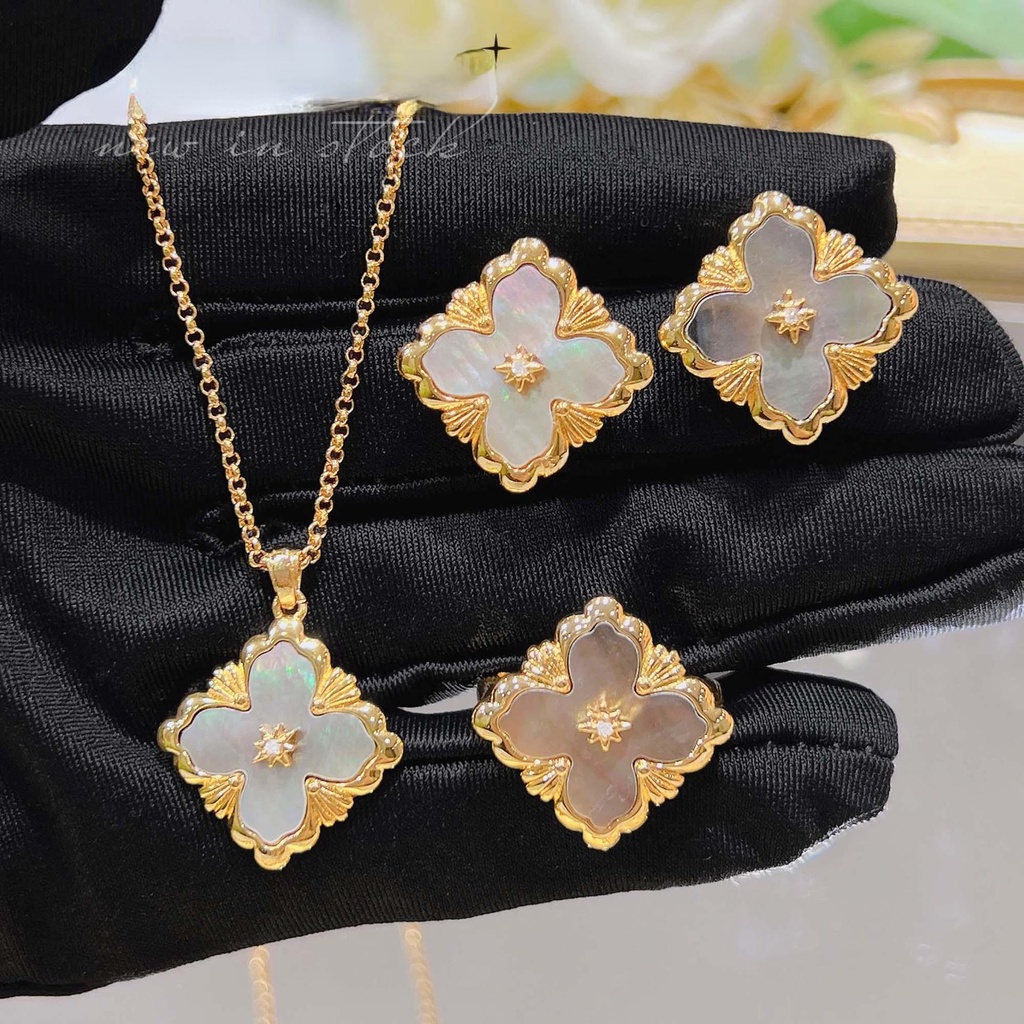 Goldkingdom Fashion Perhiasan Aksesoris Ready Stock Itali Bulati Putih Fritillaria Set French Vintage Clover Gelang Batu Akik Merah Kalung Cincin Anting Perempuan