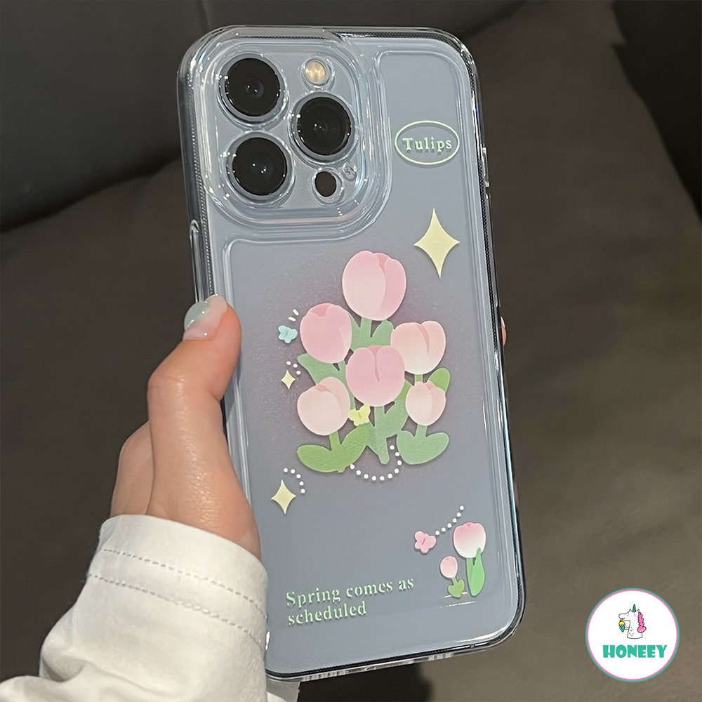 IPHONE Gadis Manis Bunga Tulip Pink Art Laser Retro Casing Ponsel Untuk Iphone14 13 11 12 Pro Max Xs Max XR 7 8 Plus ​Case Cute Lembut Cove