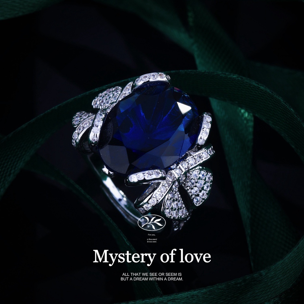 Goldkingdom Aksesoris Perhiasan Fashion Ready Stock Baru Chao Xian Busur Desain Royal Sapphire Open Ring Mewah Penuh Berlian Dan Pita Berwarna Harta Cincin