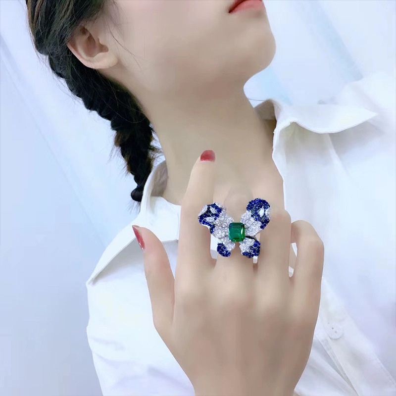 Goldkingdom Aksesoris Perhiasan Fashion Ready Stock Kepribadian Berlebihan Fashion Cincin Kupu-Kupu Kerajinan Peri Set Berlian Penuh Zamrud Cincin Warna-Warni