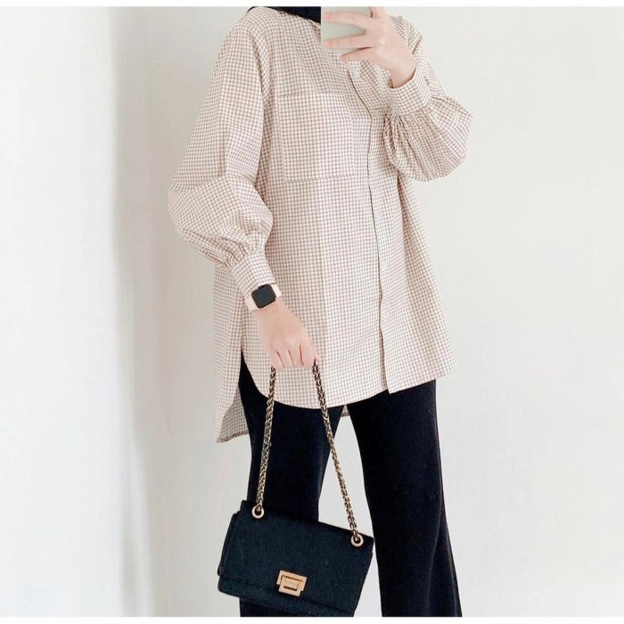Promo - Baju Atasan Wanita Yumna Top // Kemeja Kotak Wanita Lengan Panjang - cream - Sedia baju atas