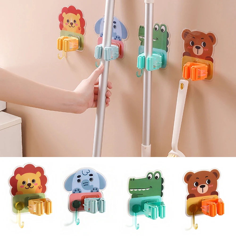 1pc Kartun Ada Punch Mop Rack Dengan Kait Lucu Rumah Plastik Yang Dipasang Di Dinding Mulus Mop Clip Holder