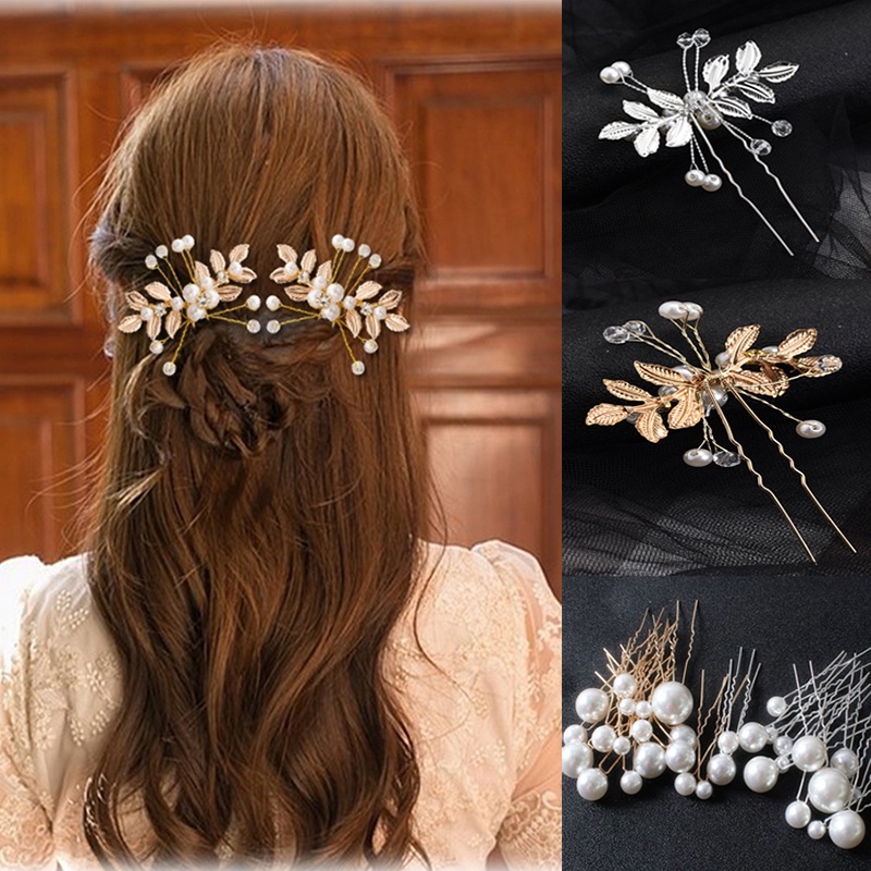 [Fiture] Kreatif Berwarna Emas Olive Leaf Hair Card Modis U-Shaped Hair Clips Shiny Crystal Long Hair Plug Comb Elegan Bridal Wedding Pearl Headpiece