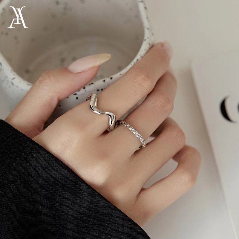 AY(CN) 2pcs/set Temperamen Gelombang Tidak Teratur Cincin Untuk Wanita Cincin Perak Perhiasan Aksesoris