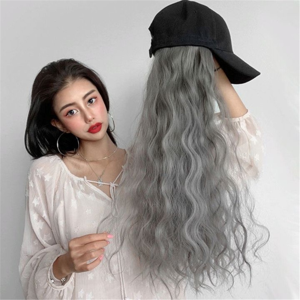 Korea Wig Panjang Topi Baseball One-piece Curly Wig Wanita Perempuan Besar Bergelombang Ekstensi Rambut 65cm