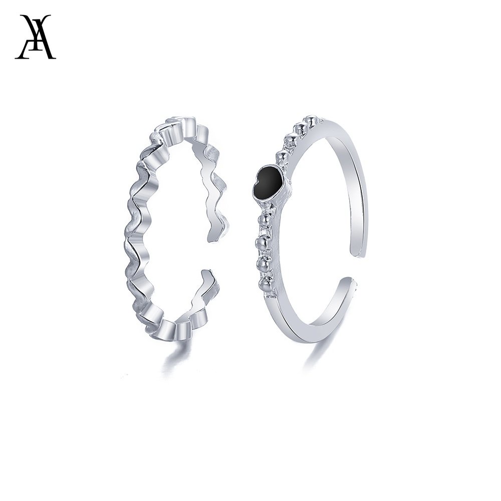 AY(CN) 2pcs Set Cincin Fashion Hati Simple Adjustable Silver Finger Rings Untuk Aksesoris Perhiasan Wanita