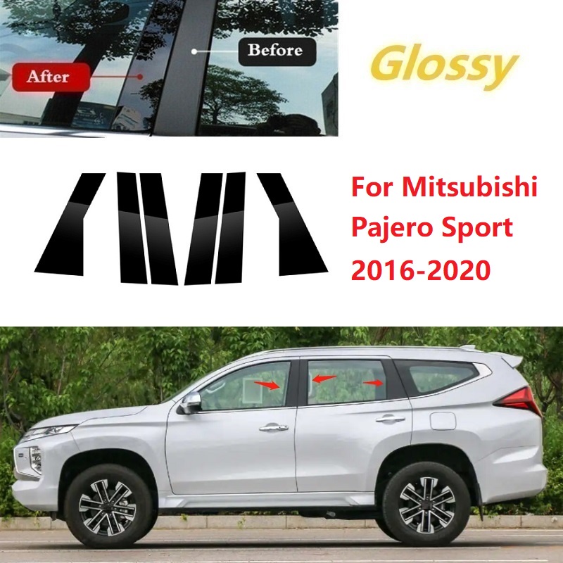 6pcs Mitsubishi Pajero Sport Hitam Glossy Jendela Pintu Mobil Kolom Tengah B C Tiang Pilar Stiker Lis Cermin Dekorasi Film 2016-2022 Aksesoris