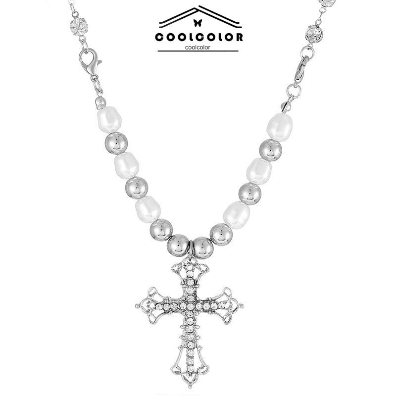 COD❤️Kalung Alloy Vintage Pearl Cross Pendant Punk Sweter Serbaguna Wanita- cl