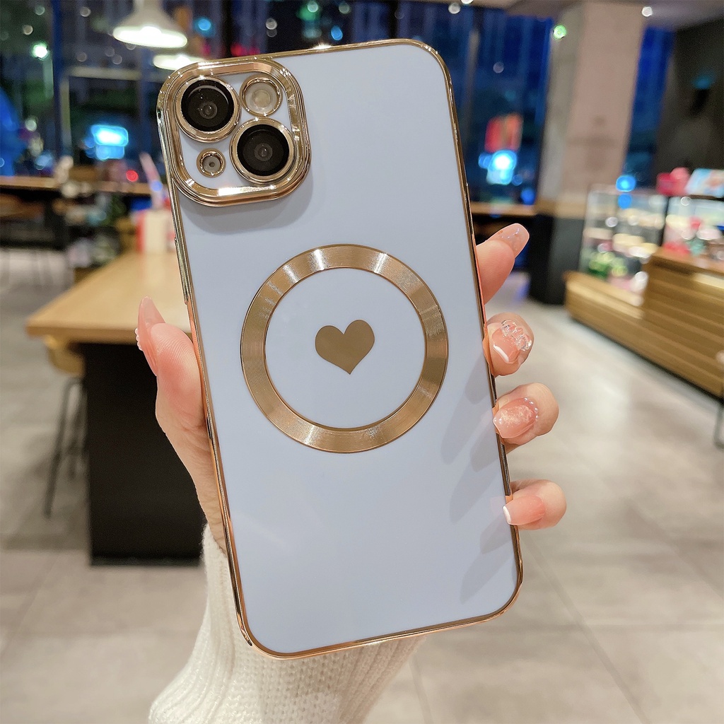 IPHONE Untuk Ma Wireless Charging Plating Case Untuk Iphone14 13 12 11 Pro Max XR XS Max X8 7 Plus Magnetik Cinta Hati Soft Cover