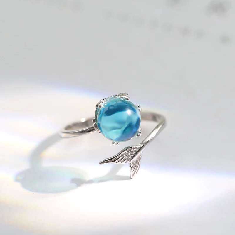 Gaya Korea Zirkon Biru Elegan Mermaid Tail Perak Baja Titanium Wanita Fashion Perhiasan Pernikahan Pertunangan Rings Adjustable Size