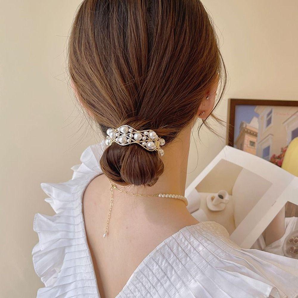 NEEDWAY Needway Ponytail Hair Clip Lucu Kreatif Elegan Mutiara Bakso Kepala Berlian Ponytail Holder Tinggi Ponytail Fixed Clip Untuk Wanita Hair Bun Fixed Clip