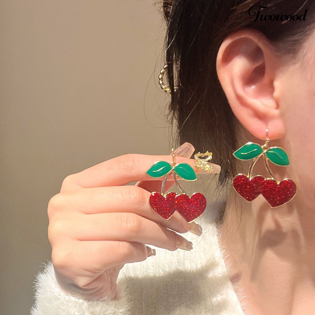 Twowood 1pasang Anting Kait Lucu Bentuk Buah Daun Hijau Tetesan Minyak Cherry Merah Wanita Drop Earrings Fashion Jewelry