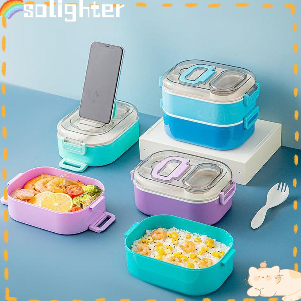 Solighter Lunch Box Microwavable Persegi Panjang Grid Dengan Sendok Wadah Makanan