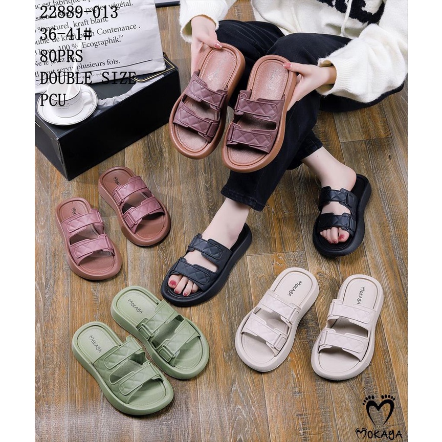 Sandal Slop Wedges Wanita Ban 2 Gesper Kotak Wajik Super Empuk Pretty Kekinian Import Mokaya / Size 36-41 (22889-013)