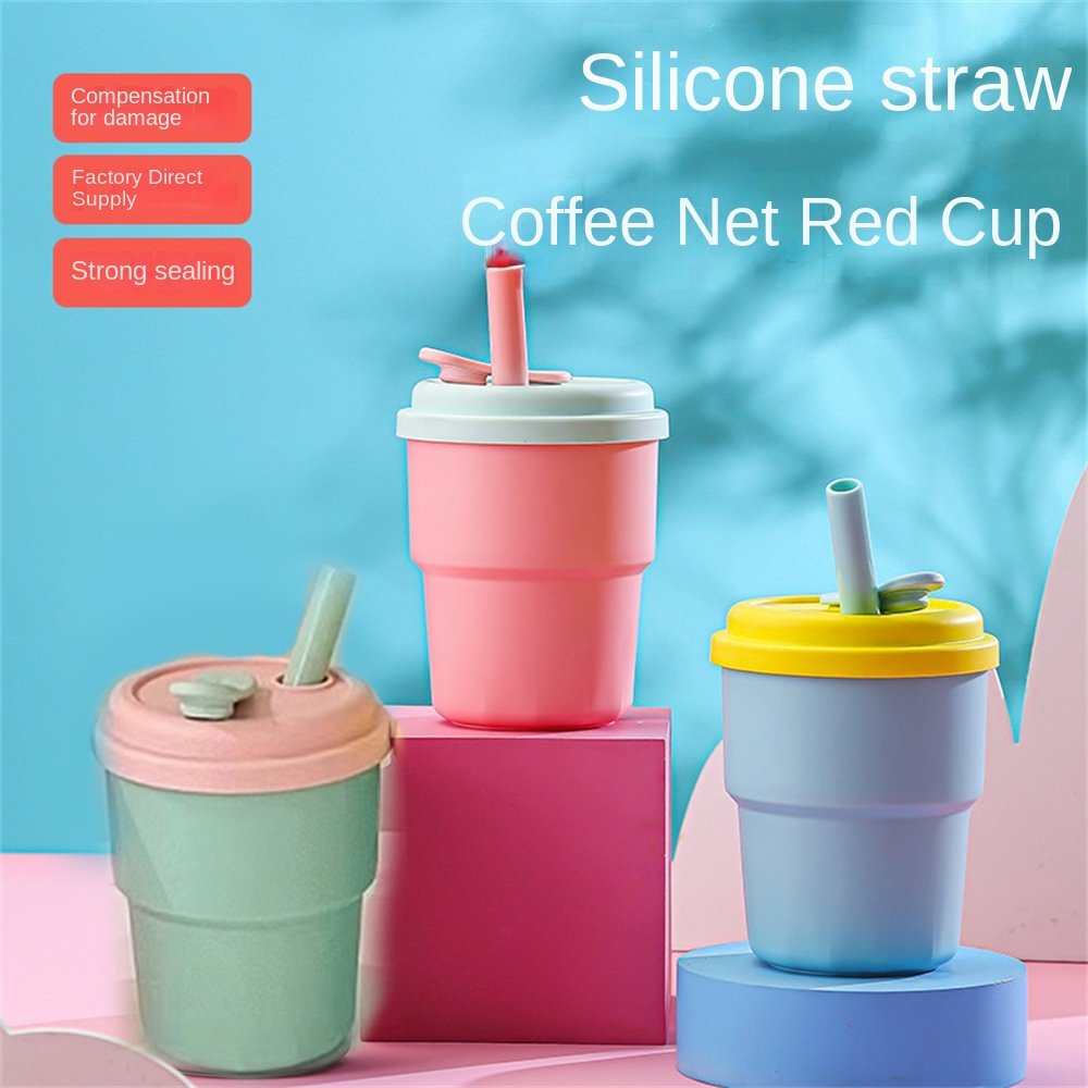 ღ Portable Silikon Jerami Cangkir Bocor Disegel Botol Air Rumah Kantor Food Grade Silicone Jerami Anak-anak Belajar Minum cup 380Ml