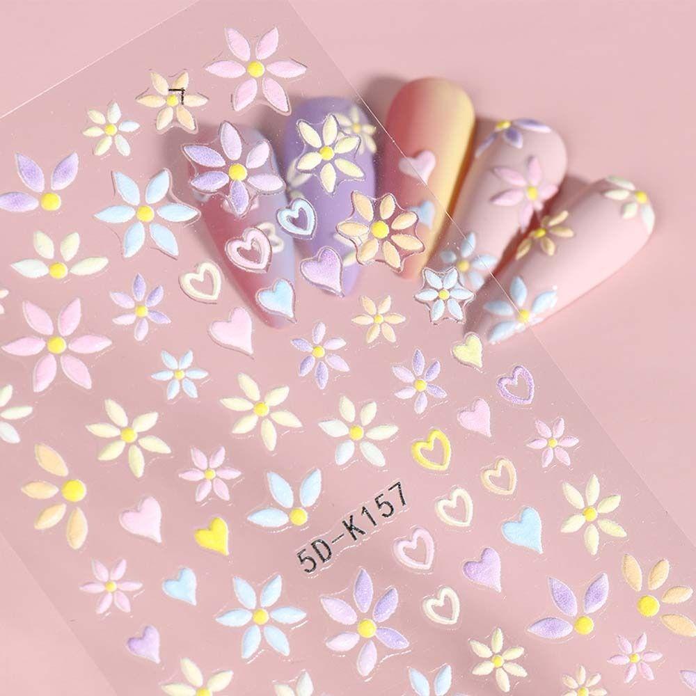 Needway   Bunga Stiker Kuku 5D Relief Fashion Cinta Hati Daisy Self Adhesive Nail Dekorasi