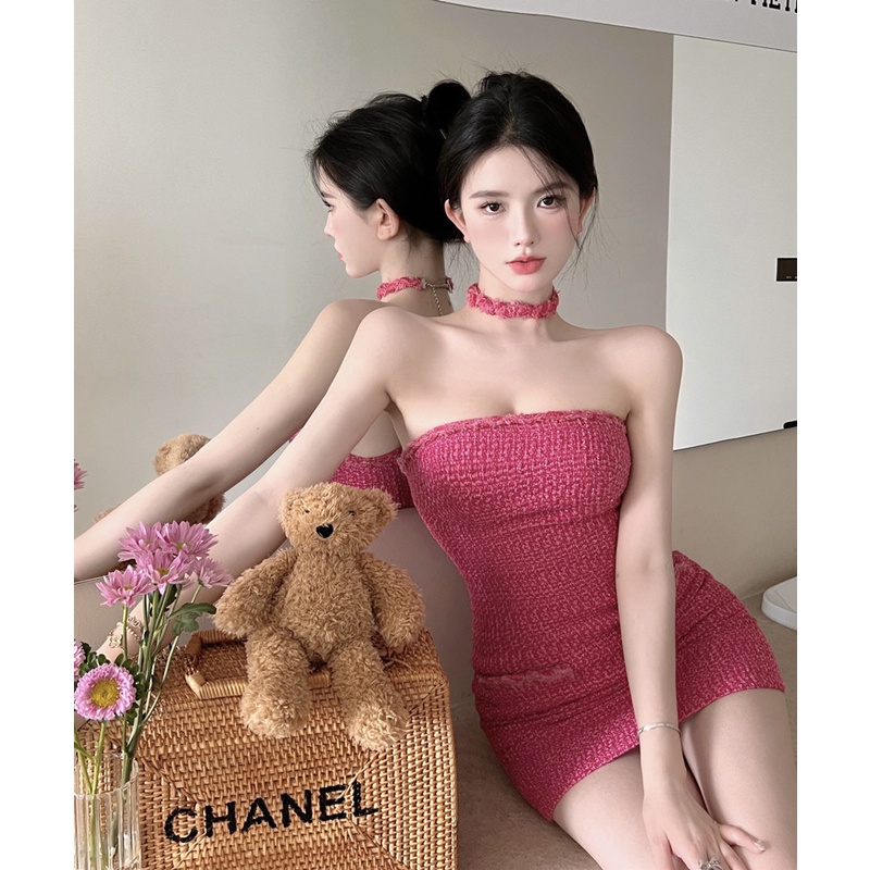 Red Sexy one-shoulder tube top bag hip short skirt women Xia Chunyu hot girl slim waist one step skirt inner dress