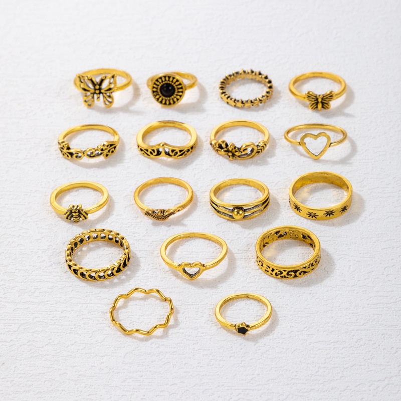 17pcs/set Vintage Kupu-Kupu Cinta Hati Bunga Cincin Untuk Wanita Kepribadian Lebah Asimetris Pesta Perhiasan Aksesoris