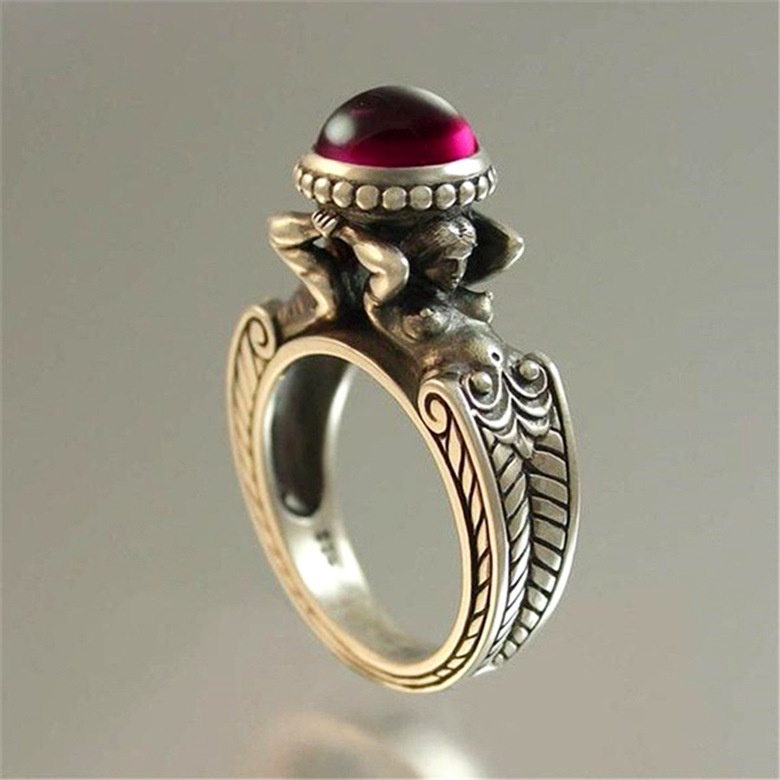 Goldkingdom Aksesoris Perhiasan Fashion Ready Stock Mermaid Ruby Cincin Eropa Dan Amerika Kreatif Wanita Vintage Thai Silver Band