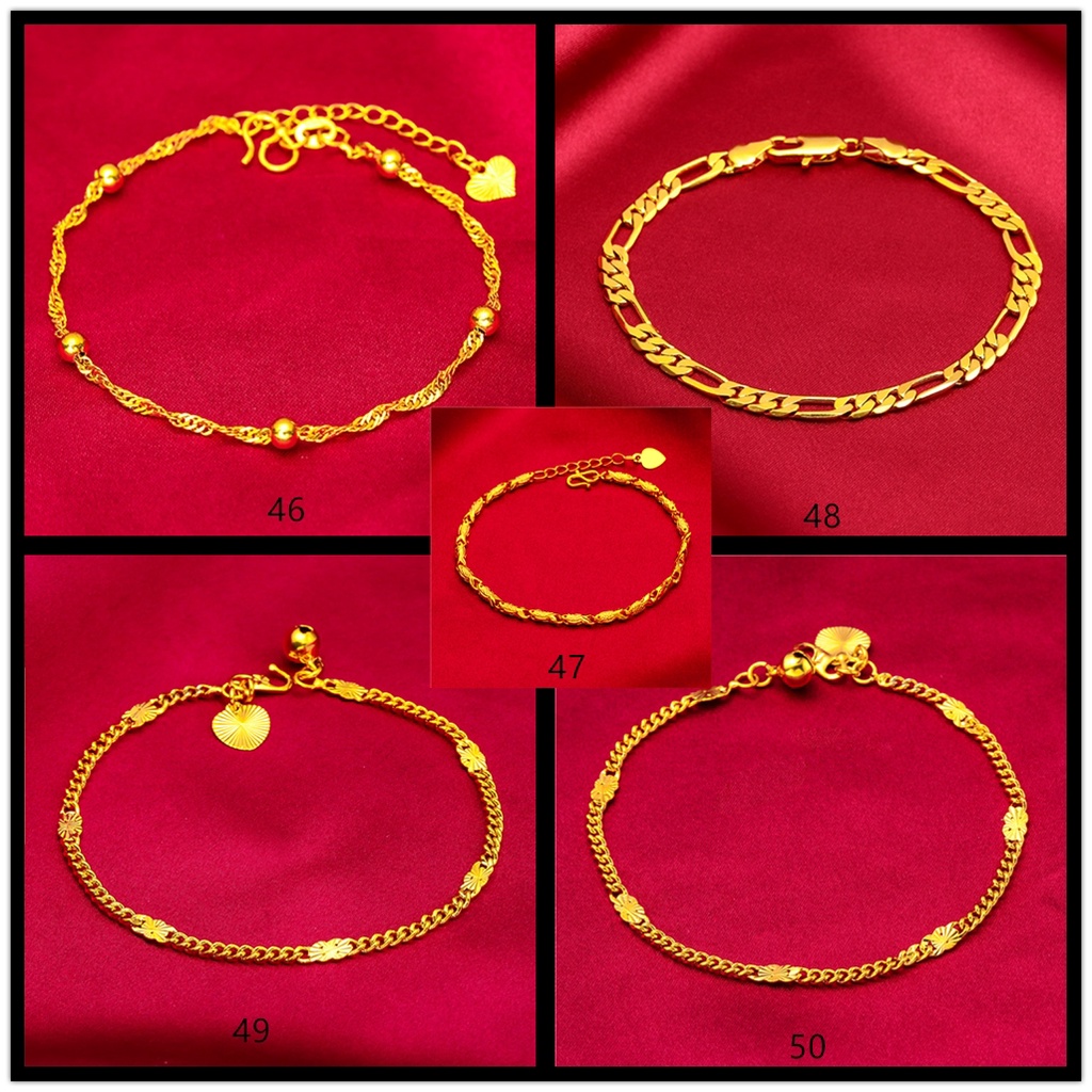 Goldkingdom Aksesoris Perhiasan Fashion Ready Stock Imperious Lapis Emas 24k Gelang Kasar Pria Dan Wanita Pasangan Minimalis Bentuk Cinta Tipis Gelang Rantai