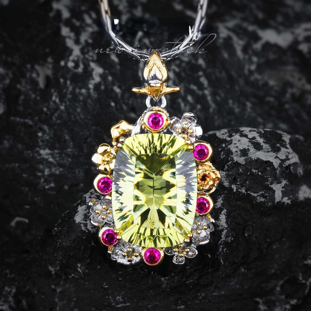 Goldkingdom Fashion Perhiasan Aksesoris Ready Stock Menenun Terukir Emas Asli Kadar 375 Perhiasan Tinggi Kalung Milenium Potong Lemon Kristal Liontin Amethyst Kalung