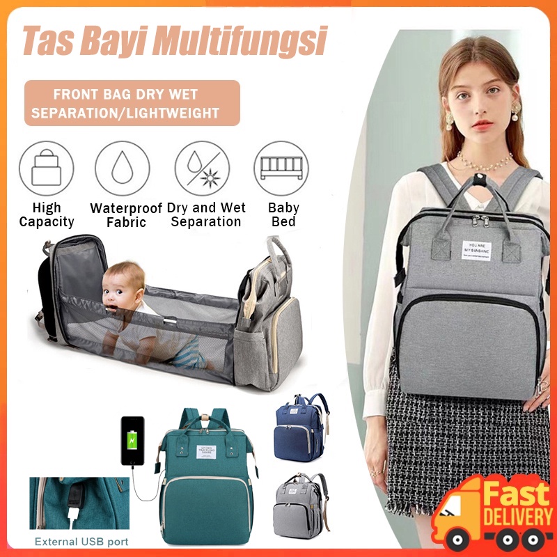 Tas Bayi Multifungsi Perlengkapan Bayi 2in1 Kasur Tidur Tas Ransel Diaper Bag Backpack Canvas Anti Air