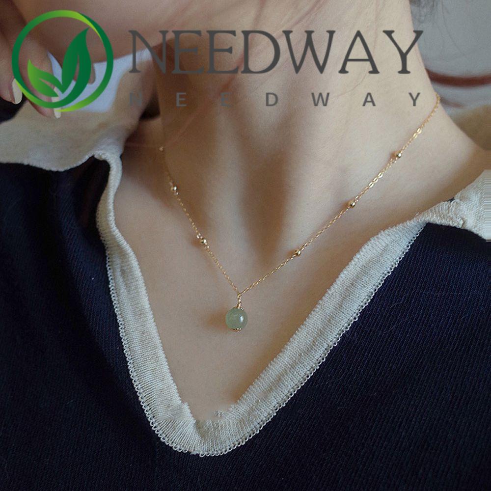 Needway   Wanita Kalung Elegan Sederhana Ringan Mewah Desain Niche Manik Giok Baja Titanium Retro Choker Gaya Cina Kalung