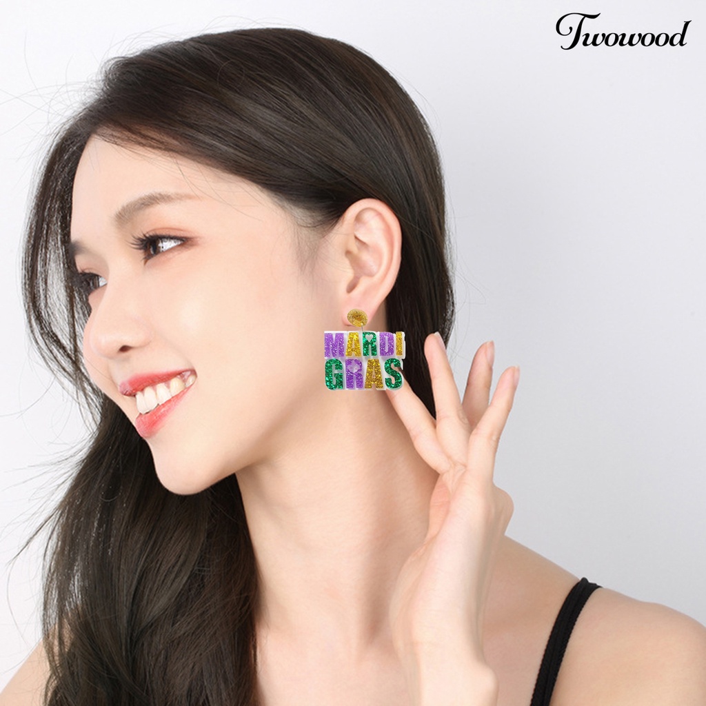 Twowood 1pasang Menjuntai Anting-Anting Pribadi Bubuk Kilau Alfabet Pesona Geometris Pengerjaan Halus Dekorasi Telinga Warna-Warni Berlebihan Surat Tiga Warna Glitter Anting-Anting