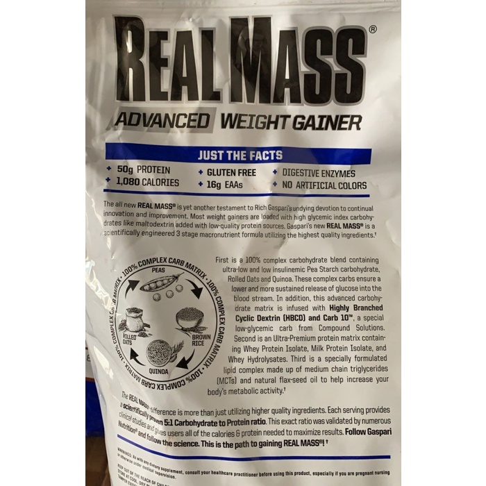 (Bonus Shaker/Sample) Gaspari Nutrition Real Mass Gainer 2 lbs Eceran (900 Gram)