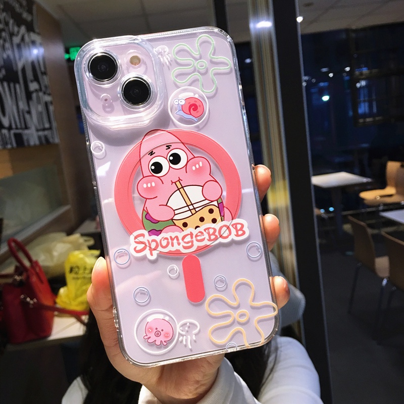 IPHONE Untuk Iphone14 13 12 11 Pro Max Ponsel Transparan Magnetik Soft case Kartun Lucu Spongebob