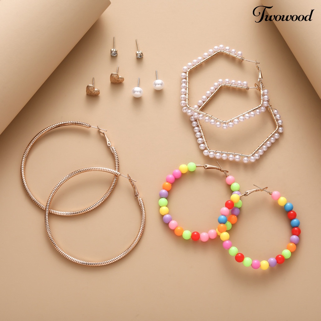 Twowood 6pasang Wanita Anting Multicolor Manik-Manik Mini Berlian Imitasi Bertatahkan Paduan Perhiasan Temperamen Telinga Dekorasi Geometris Hoop Earrings Studs Set Aksesoris Pakaian Pesta