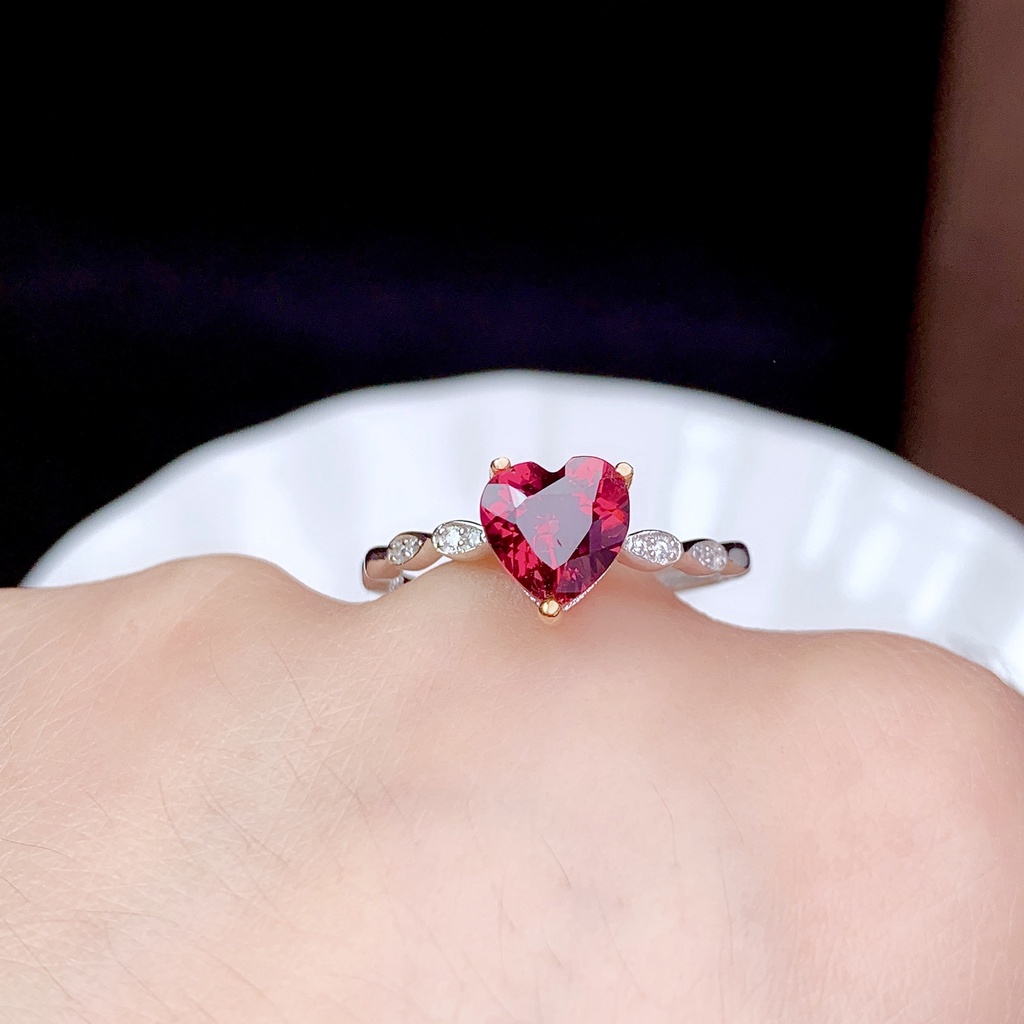 Goldkingdom Aksesoris Perhiasan Fashion Ready Stock Sederhana Mawar-Merah Berbentuk Hati Cincin Sederhana Mikro Bertatahkan Zirkon Merpati Merah Jantung Pembukaan Cincin Warna-Warni