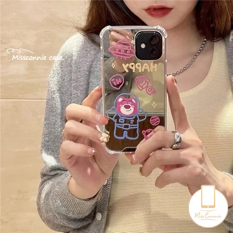 Kartun Astronot Manyo Casing Ponsel Kompatibel Untuk iPhone 7plus 11 13 12 Pro MAX XR 7 8 Plus X XS MAX SE 2020 Beruang Strawberry Lucu Shockproof Make Up Mirror Soft Cover