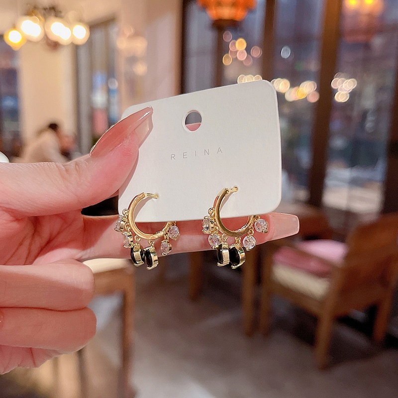 Fashion Mewah Anting Zirkon Kristal Hitam925 Perak Jarum Telinga Gesper