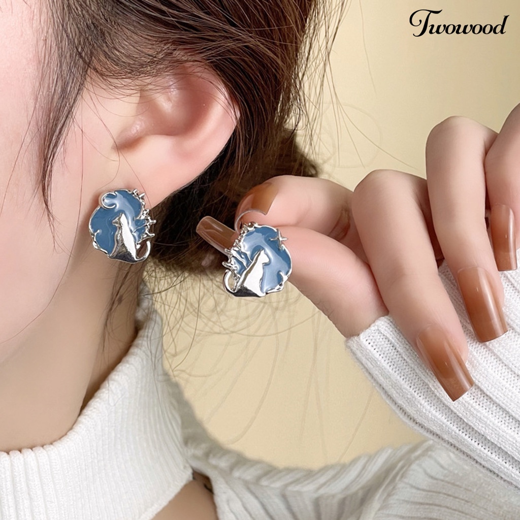 Twowood 1pasang Ear Studs Temperamen Elegan Tidak Teratur Fancy Hypoallergenic Biru Menjatuhkan Minyak Kucing Wanita Anting Perhiasan Fashion