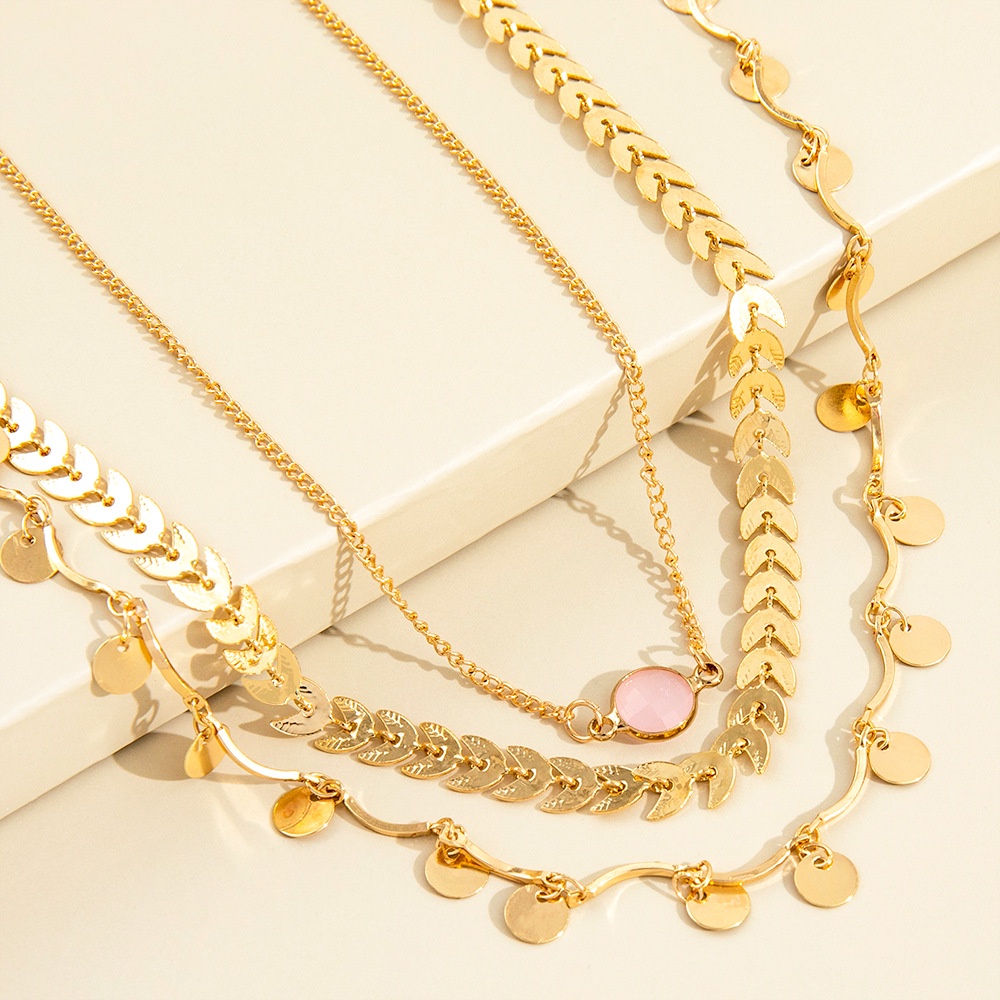 Fashion Elegan Individualitas Mode Lingkaran Daun Rumbai Merah Muda Permata Kalung Kerah Rantai Tiga Potong Set