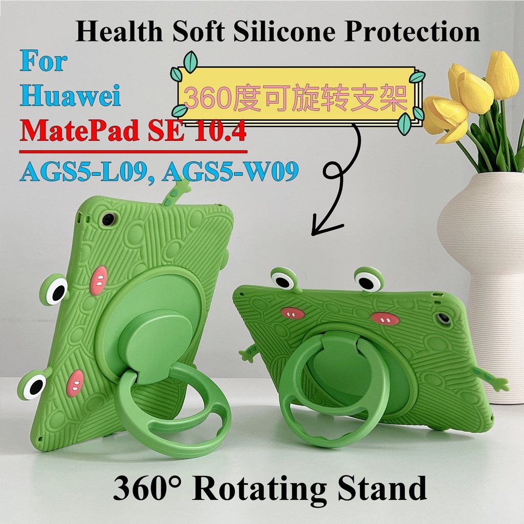 Untuk Huawei MatePad SE 10.4 (2022) AGS5-L09 AGS5-W09 10.4-inch Tablet Casing Pelindung Fashion360° Rotating Ring Stand Case Silikon Lembut Lucu Kartun Hewan Hijau Penutup Kodok