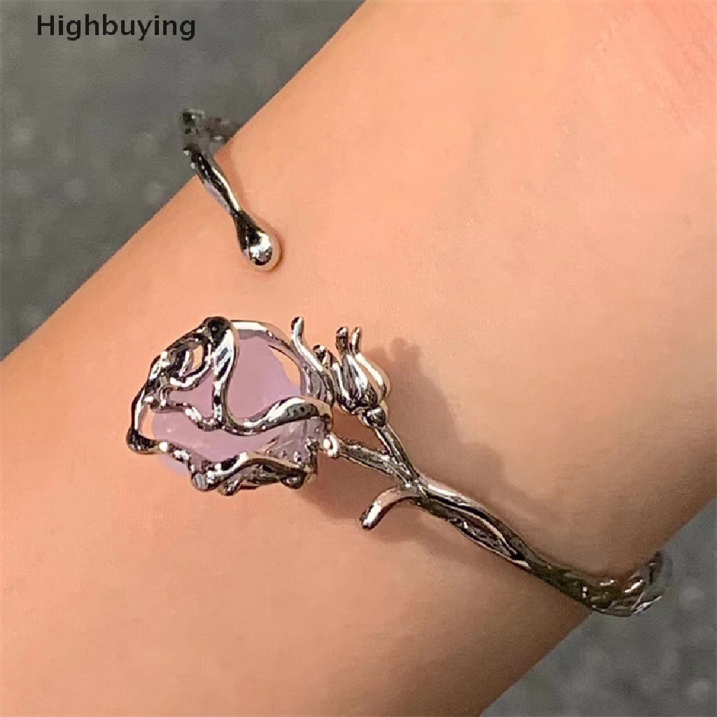 Hbid Tidak Teratur Ungu Rose Gelang Untuk Wanita Gadis Warna Perak Halus Perhiasan Hadiah Terbuka Bangle Gelang Adjustable Bangle Bunga Perhiasan Glory