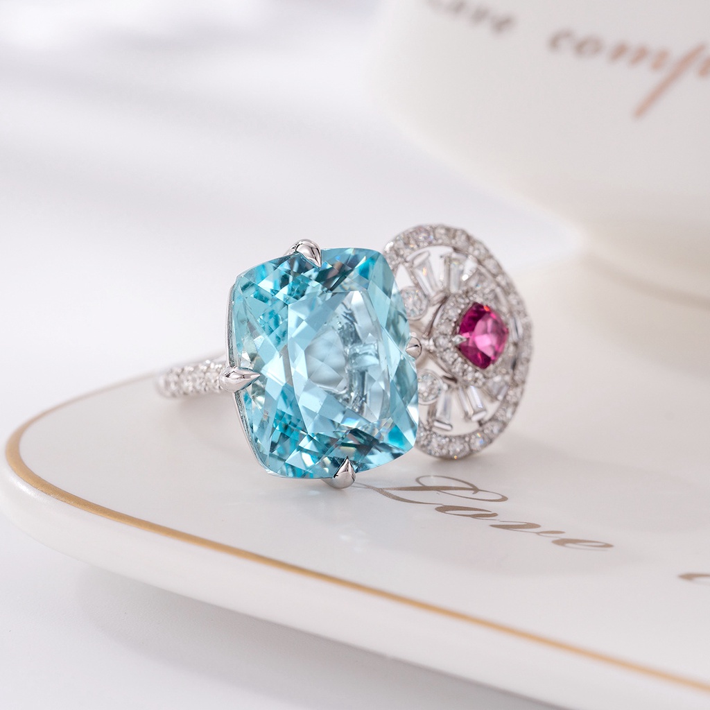 Aksesoris Perhiasan Fashion Goldkingdom Ready Stock Desain Niche Sangat Merawat. Cincin Warna-Warni Berlian Karbon Tinggi Aquamarine Ladies &amp;#039; Model.