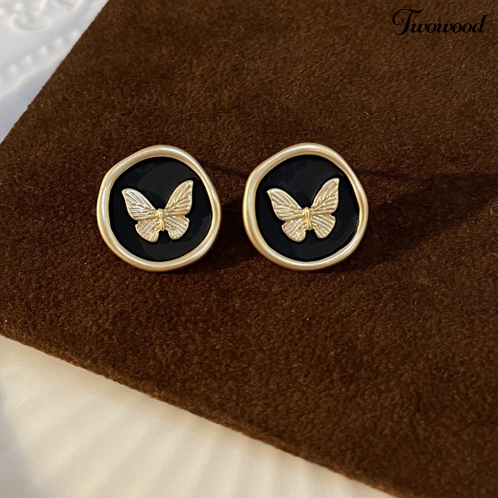 Twowood 1pasang Ear Studs Retro Gaya Perancis Menjatuhkan Minyak Tidak Teratur Bulat Hadiah Kepribadian Hitam Emas Kupu-Kupu Wanita Anting Perhiasan Fashion