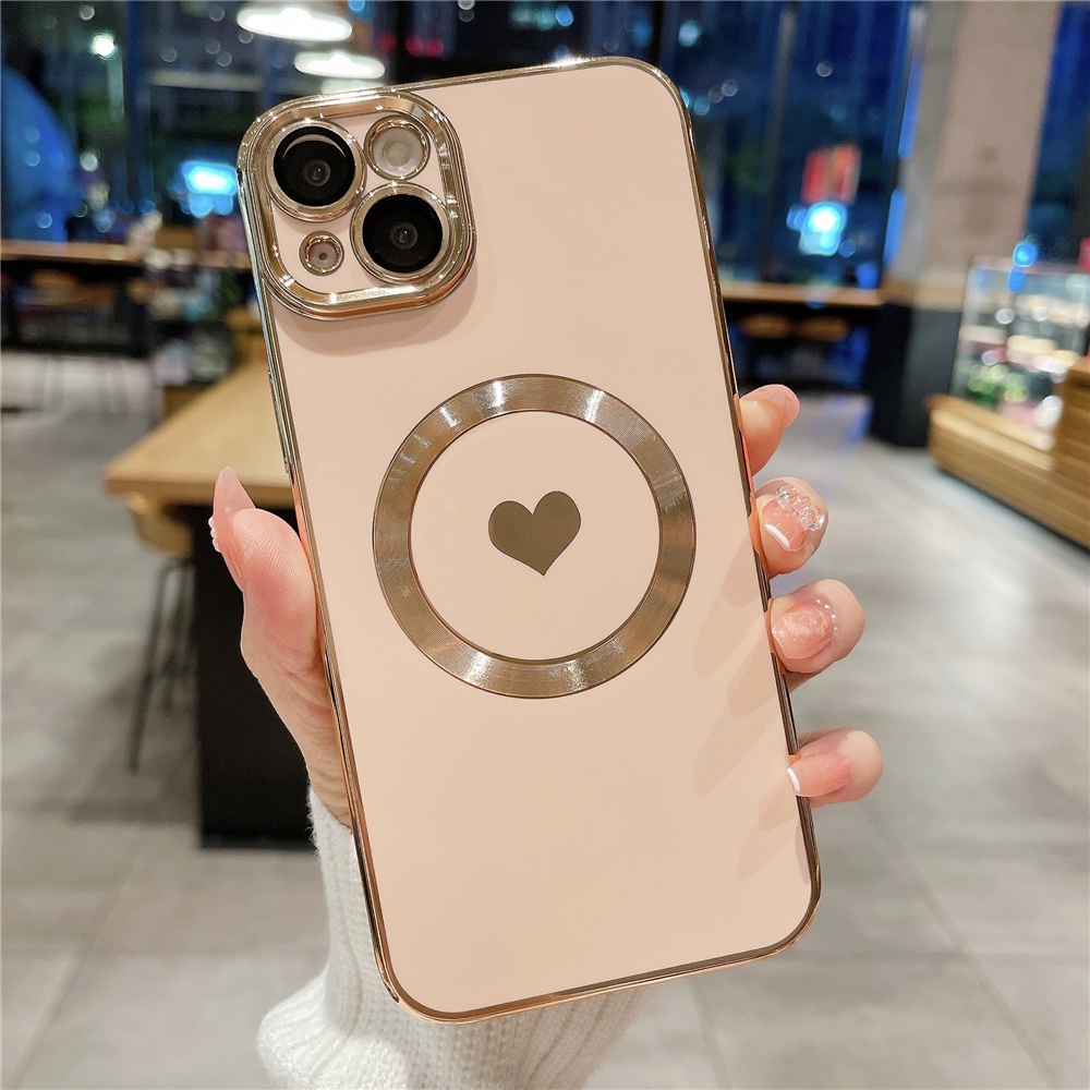 IPHONE Luxury Plating Love Heart Untuk Mag Magnetic Wireless Charge Case Untuk Iphone11 12 13 14 Pro Max XR X XS 7 8Plus SE Soft Cover