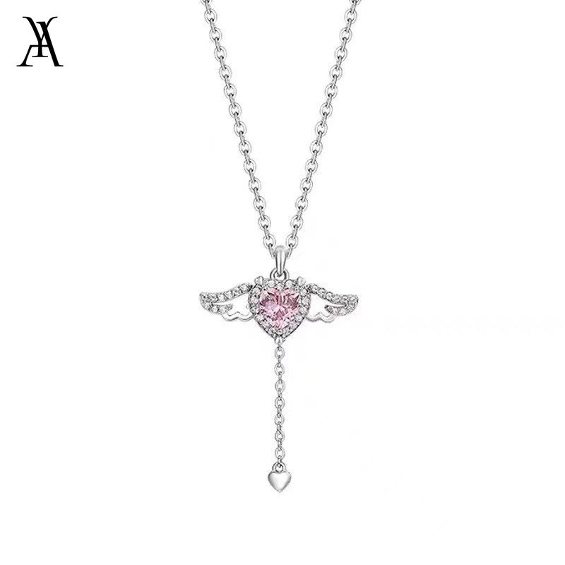 AY(CN) Elegant Pink Zircon Heart Pendant Necklace for Women Moving Wings Silver Chain Choker Jewelry Accessories