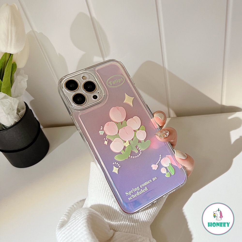 IPHONE Casing Ponsel Bunga Tulip Laser Glitter Mewah Untuk Iphone14 13 12 11 Pro XS Max XR X 8Plus Full Cover TPU Shockproof Cover