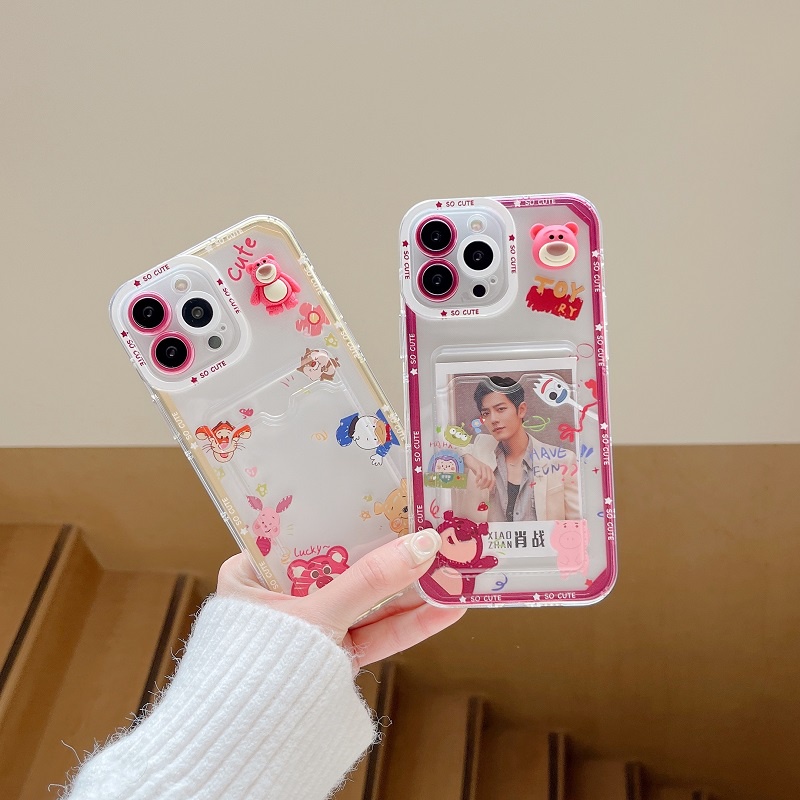 IPHONE Casing Pelindung Desain Lengan Kartu Beruang Kartun strawberry Untuk Iphone14 13 12 Pro Max11 X XR XS Max7 8 Plus