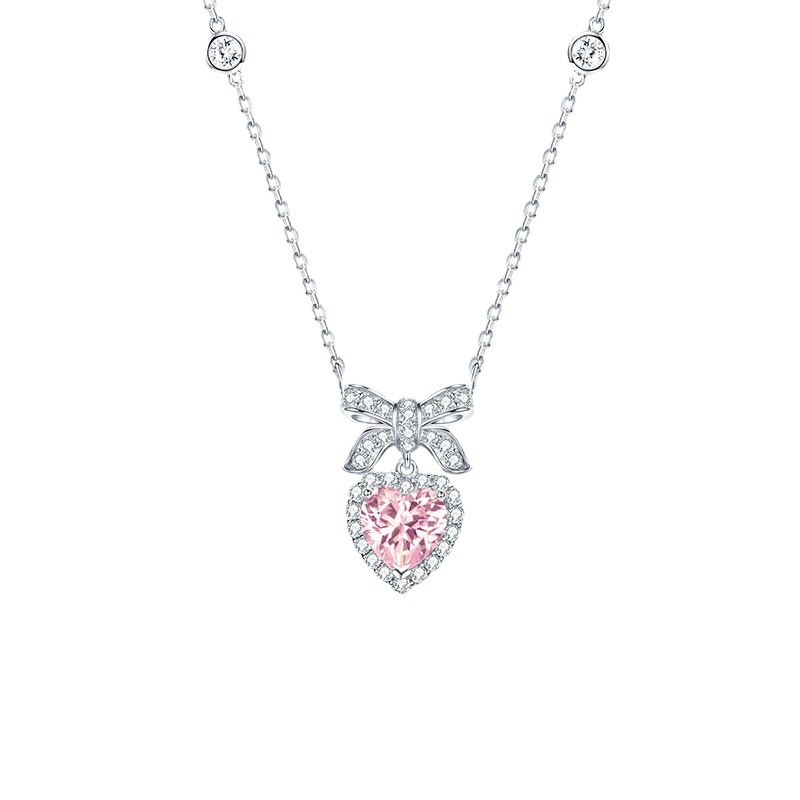 Ins Korea Pink Love Bow Zircon Pendant Kalung Untuk Wanita Titanium Steel Rantai Klavikula