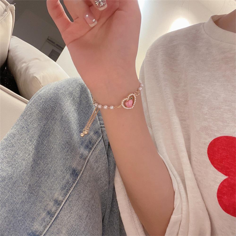 Timekey Peach Mutiara Imitasi Gelang Kalung Paduan Sederhana Cinta Liontin Klavikula Rantai Kalung Gelang Perhiasan D7F4