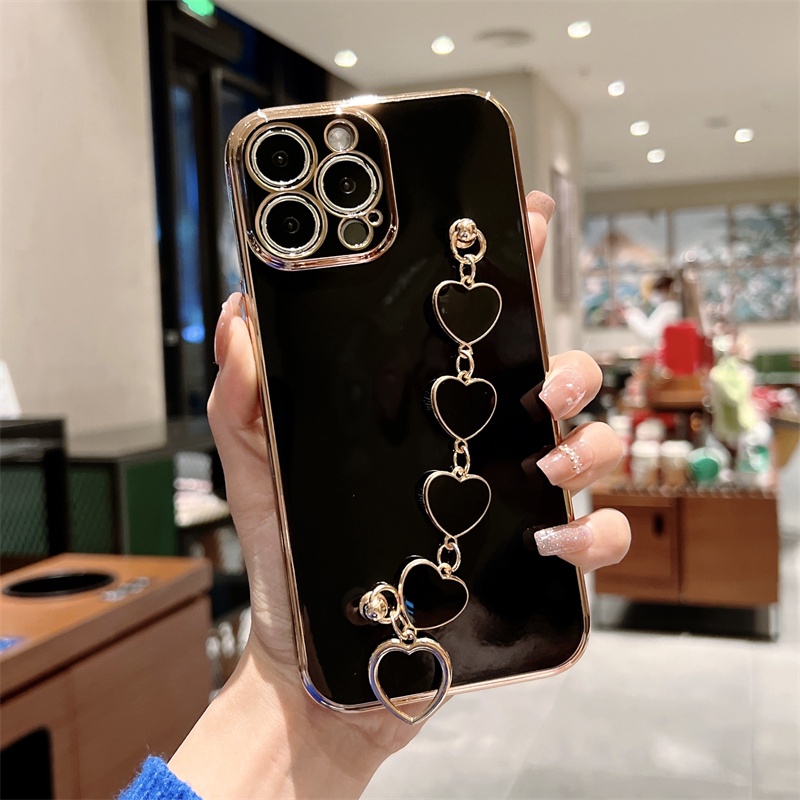 IPHONE Casing Ponsel Cinta Hati Untuk Iphone11 12 13 14 Pro Max XS Max XR X8 7 Plus 11Pro Shockproof Tali Pergelangan Tangan Rantai Electroplated Cover