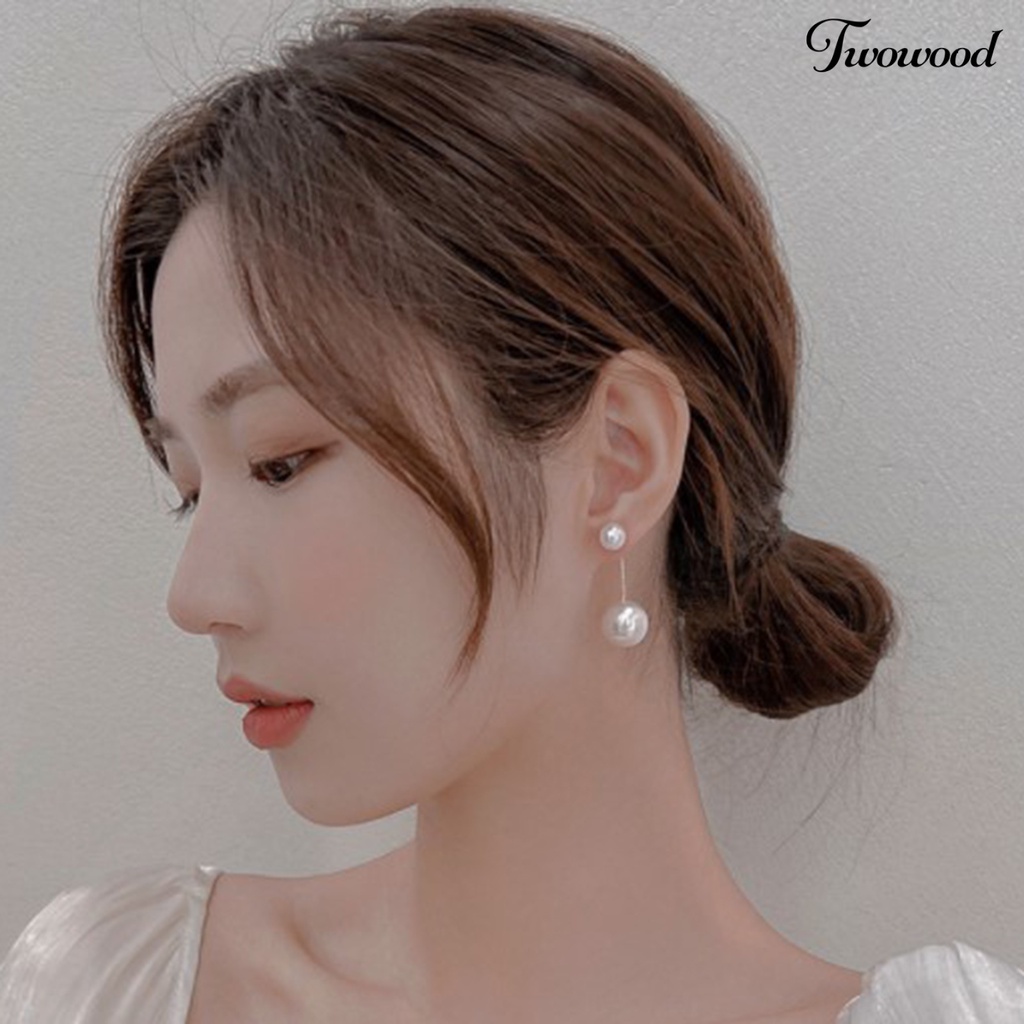 Twowood 1pasang Menjuntai Anting Elegan Telinga Dekorasi Tindik Temperamen Mutiara Imitasi Panjang Rumbai Stud Earrings Aksesoris Fashion