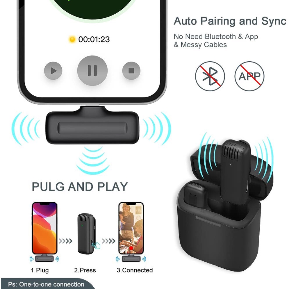 2.4G Mikrofon Lavalier Nirkabel dengan Casing Sekaligus Charger for PC/Phone/Camera Mikrofon Lapel Mini microphone mic clip on untuk Merekam YouTube TikTok Facebook Live Stream Vlogging