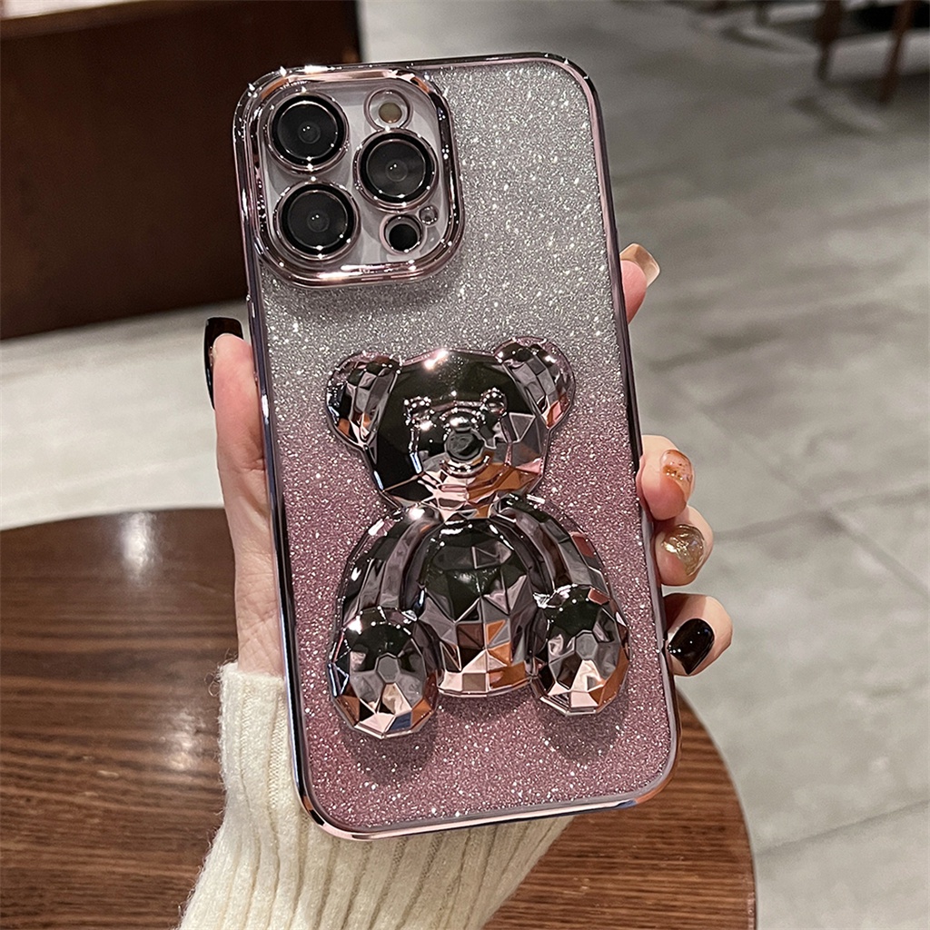 Premium 3D Galvanis Kedip Kristal Beruang Case iPhone 14 Pro Max Case iPhone 13 12 Pro Max Case Kamera Perlindungan Lensa Film Untuk 14 Promax Plus Mewah Kreatif Plating Transparan